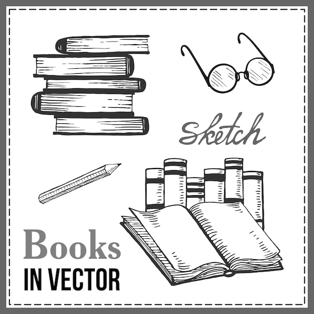 Un conjunto de libros dibujados y elementos en un vector