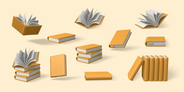 Conjunto de libros de dibujos animados lindos en 3d libros realistas con sombra educación y concepto de clase en línea ilustración vectorial