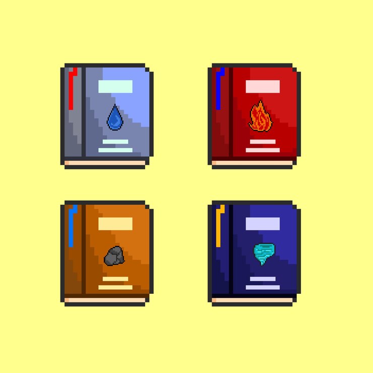 Vector conjunto de libros de elementos con estilo pixel art