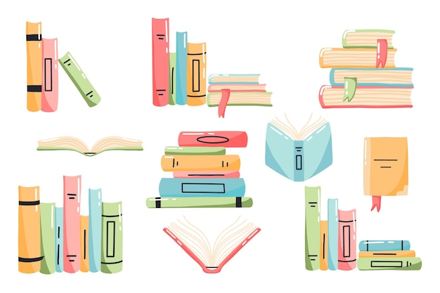 Conjunto de libros en estilo de dibujos animados Pilas de libros Día mundial del libro Ilustración vectorial Libros brillantes