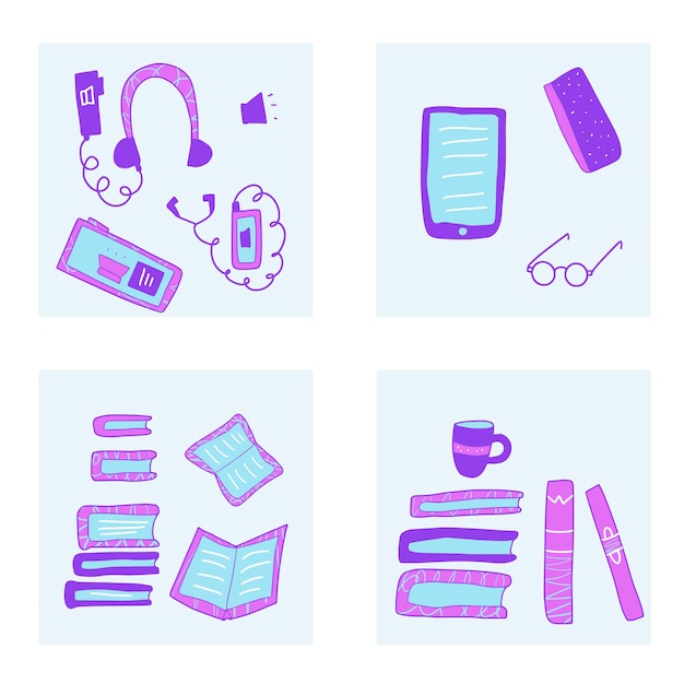 Conjunto de libros en estilo doodle Ilustración vectorial