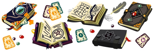 Vector un conjunto de libros con hechizos mágicos cartas de tarot y piedras preciosas fantásticos grimorios de alquimia