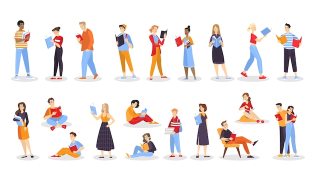 Conjunto de libros de lectura de personas. Colección de hombre y mujer