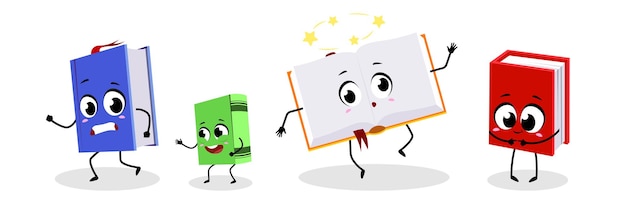 Conjunto de libros lindos al estilo de dibujos animados Ilustración vectorial de personajes de libros para colorear con diferentes emociones y en movimiento aislados sobre fondo blanco