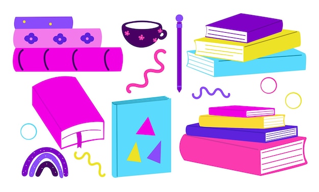 Un conjunto de libros y sus pilas Ilustración vectorial educativa dibujada a mano Estilo retro y nostálgico