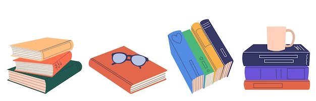 Conjunto de libros con tazas en estilo plano aislado