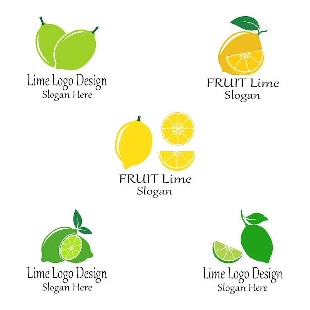 Conjunto de limón y lima frescos con logotipo de hoja verde Ícono plano de frutas cítricas Limonada