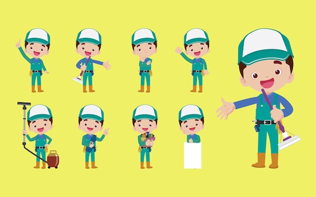 Conjunto de limpiador con diferentes poses.