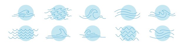 Conjunto de limpios íconos de olas oceánicas mínimas con diseños de líneas azules fluidas ideales para el verano acuático o ecológico