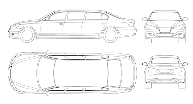 Conjunto de limusinas blancas de contorno aisladas en blanco. vector de icono de limusina de plantilla. transporte de personas premium. vista, delantera, trasera, lateral.