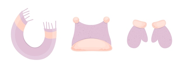 Conjunto de linda bufanda de invierno rosa mitones sombreros concepto de ropa fría ilustración vectorial