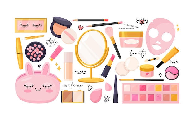 Vector conjunto de linda colección de elementos de maquillaje