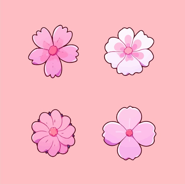 Conjunto de linda colección de flores rosas de dibujos animados kawaii