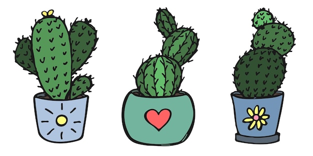 Conjunto de linda ilustración de cactus dibujada a mano Planta de interior en una olla clipart Cozy home doodle