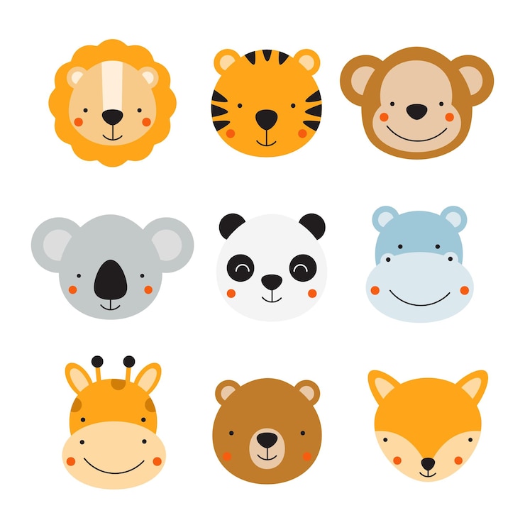 Conjunto con linda jirafa animal, león, tigre, mono, zorro, ciervo, oso, panda, hipopótamo y koala. Vector