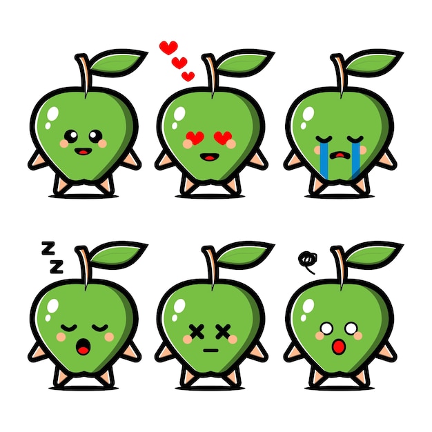 Conjunto de linda manzana verde con personaje de dibujos animados de expresión