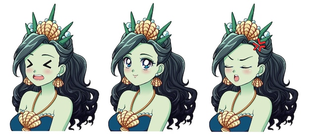 Vector un conjunto de linda princesa marina de anime con diferentes expresiones.