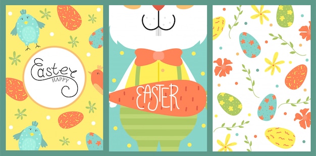 Conjunto de linda tarjeta de pascua. huevos de pascua, vacaciones de primavera. tarjeta de felicitación