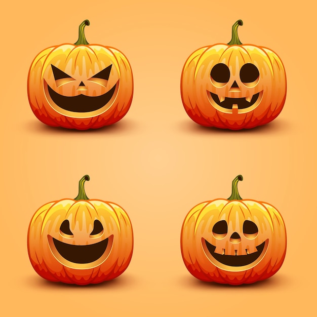Conjunto de lindas y aterradoras calabazas de Halloween. Ilustración de vector de vacaciones de otoño