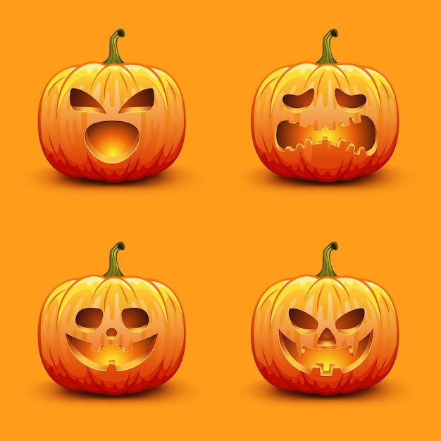 Conjunto de lindas y aterradoras calabazas de Halloween. Ilustración de vector de vacaciones de otoño