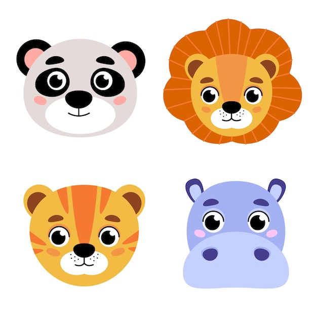 Vector un conjunto de lindas cabezas de animales zoológico de dibujos animados una colección de lindos personajes de animales en estilo de dibujos animados