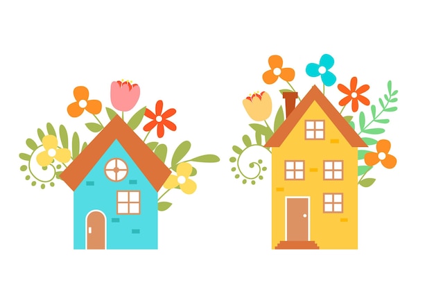 Conjunto de lindas casas vectoriales aisladas sobre fondo blanco. Casas dibujadas a mano rodeadas de flores.