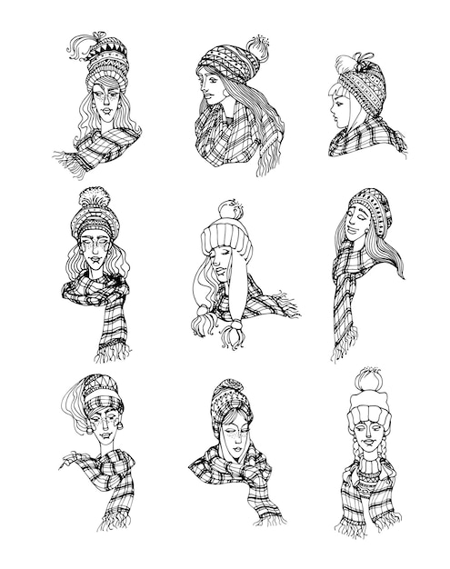 Un conjunto de lindas chicas rubias con sombreros de punto de invierno escandinavos y bufandas a cuadros en tinta negra