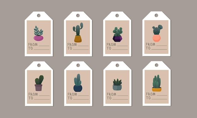 Conjunto de lindas etiquetas con cactus en macetas