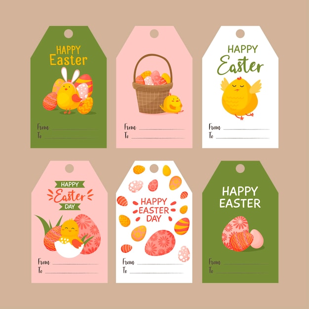 Vector conjunto de lindas etiquetas de pascua. colección de etiquetas con conejito de pascua, huevos y gallinas.