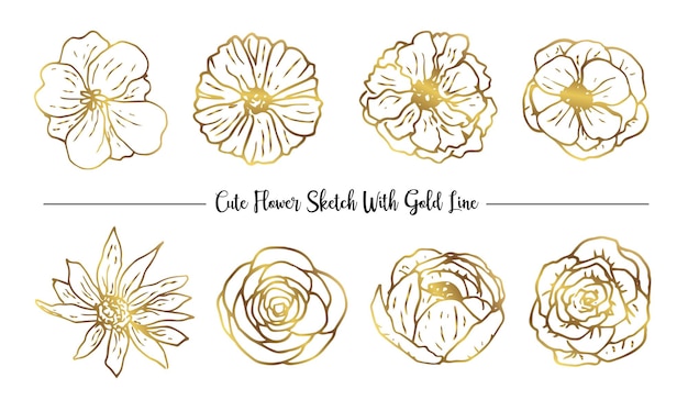 Un conjunto de lindas flores dibujadas a mano con arte de línea de color dorado