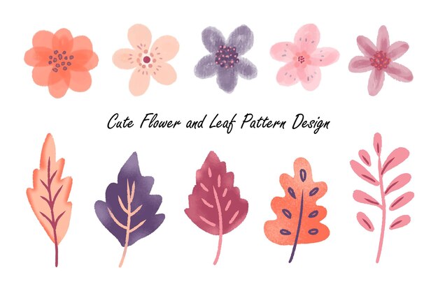 un conjunto de lindas flores y hojas dibujadas a mano con un diseño de patrón de color retro