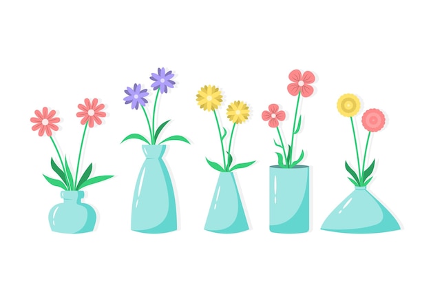 Conjunto de lindas flores planas en florero ilustración de decoración del hogar