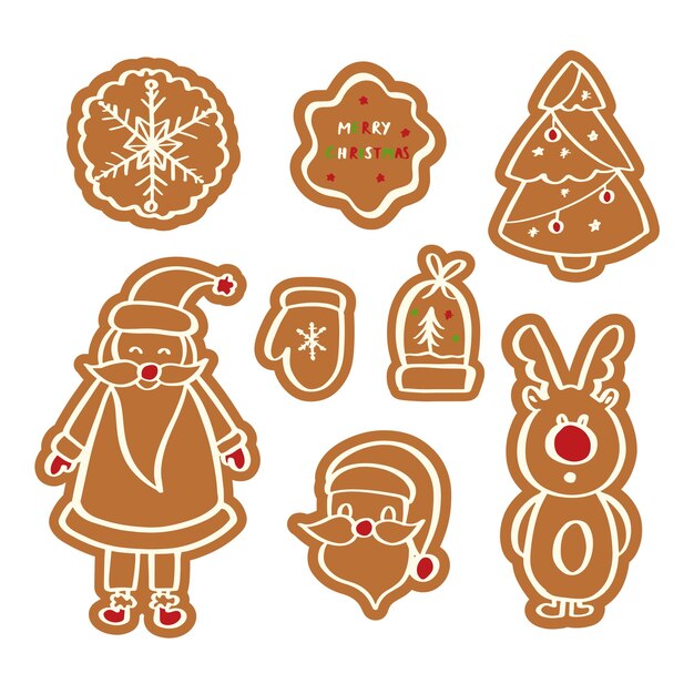 Conjunto de lindas galletas de jengibre para Navidad aislado sobre fondo blanco.