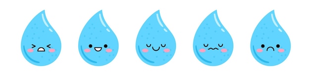 Conjunto de lindas gotas de agua de dibujos animados. Gotas azules con diferentes emociones. Escala de emociones.