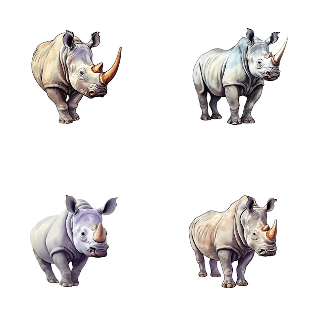 Vector conjunto de lindas ilustraciones de acuarela de rinoceronte safari animales de la jungla vector