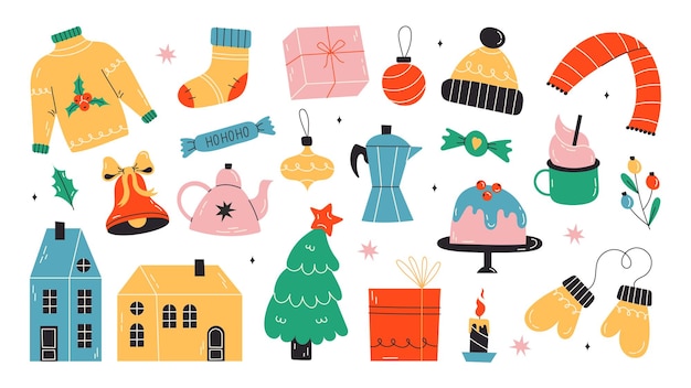 Vector conjunto de lindas ilustraciones o pegatinas de feliz navidad y feliz año nuevo ilustración de stock vectorial