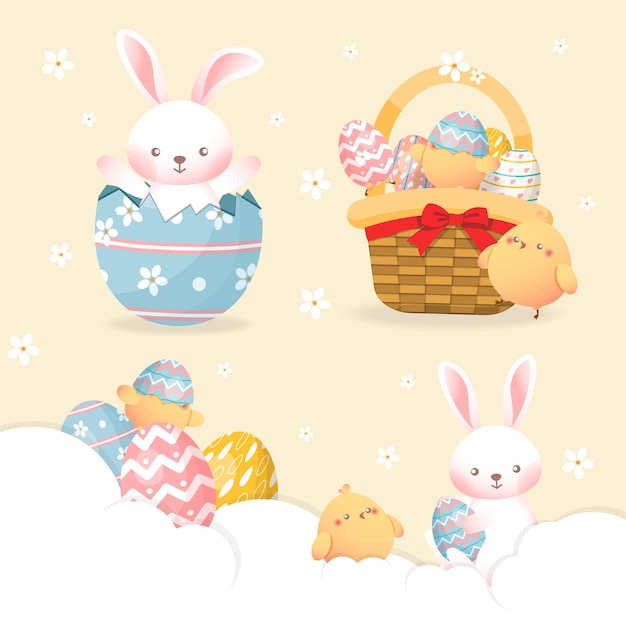 Un conjunto de lindas ilustraciones de Pascua con huevos, liebres, canastas, nidos y pollitos