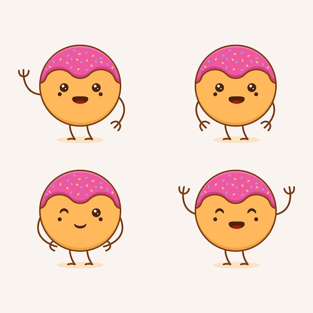 Conjunto de lindas ilustraciones de vectores de mascotas de dibujos animados de personajes de garabatos de donas ideales para temas de comida, niños y otros
