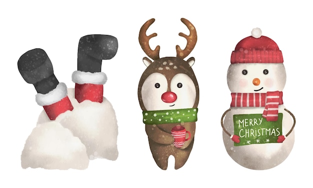 Vector conjunto de lindas ilustraciones vectoriales de navidad y año nuevo santa elk y muñecos de nieve