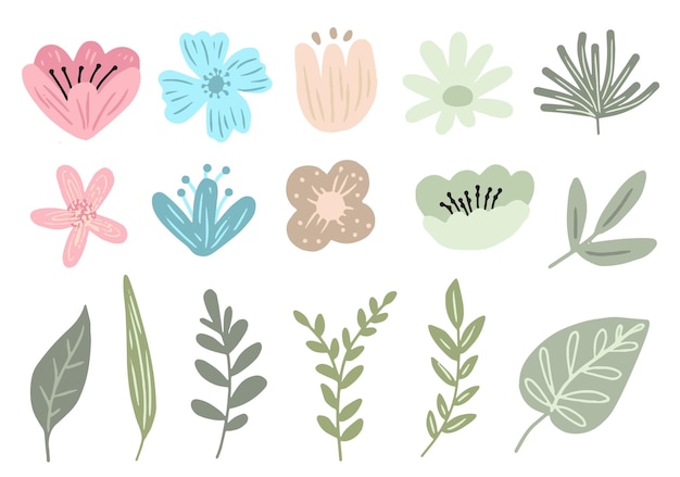 Vector un conjunto de lindas imágenes prediseñadas de flores de primavera dibujadas a mano