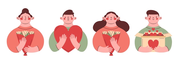 Vector conjunto de lindas imágenes prediseñadas con ilustraciones de personas con mujer hombre que sostiene un ramo de gran corazón