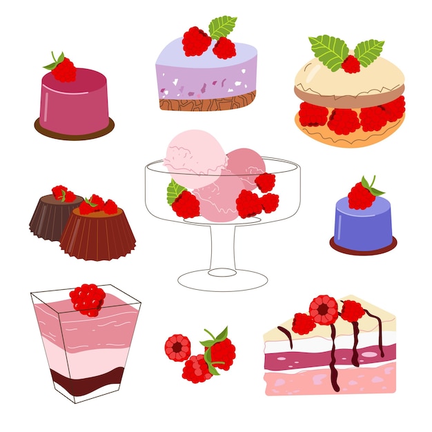 Vector conjunto de lindas imágenes vectoriales de postres de frambuesa deliciosos dulces con sabor a frambuesa verano