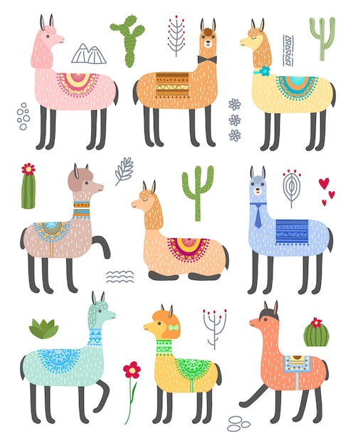 Conjunto de lindas llamas. Ilustración de animales vectoriales. Alpacas y cactus.