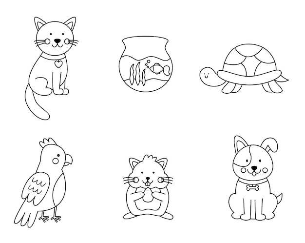 Vector conjunto de lindas mascotas en estilo de dibujos animados página para colorear para niños