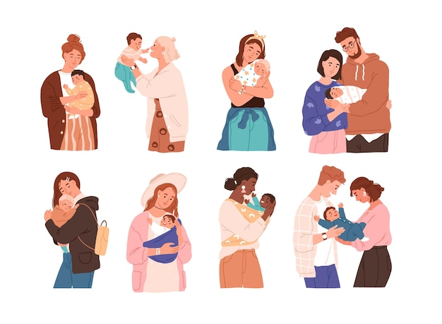 Conjunto de lindas mujeres y familias con bebé recién nacido. Colección de diferentes niños con padres felices sintiendo amor aislado vector ilustración plana. Madre, padre e hijos abrazándose unos a otros.
