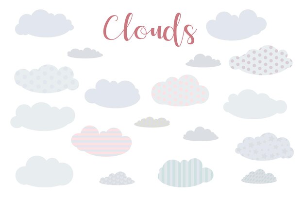 Conjunto de lindas nubes en colores pastel elemento de decoración para la habitación de los niños ilustración vectorial aislado sobre fondo blanco