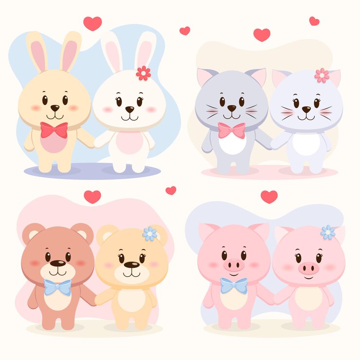 Vector conjunto de lindas parejas de animales, oso, cerdo, conejo y gato