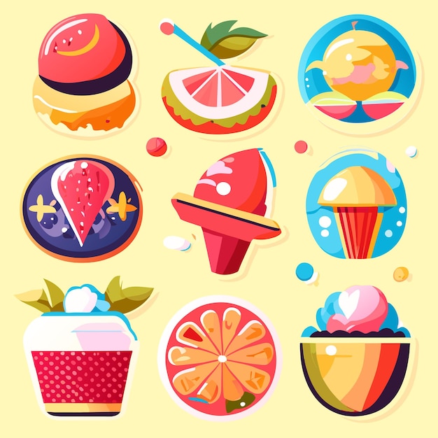 Vector conjunto de lindas pegatinas de frutas de verano o colección de etiquetas