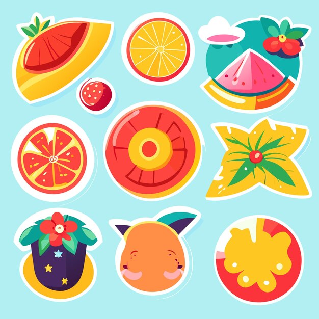 Vector conjunto de lindas pegatinas de frutas de verano o colección de etiquetas