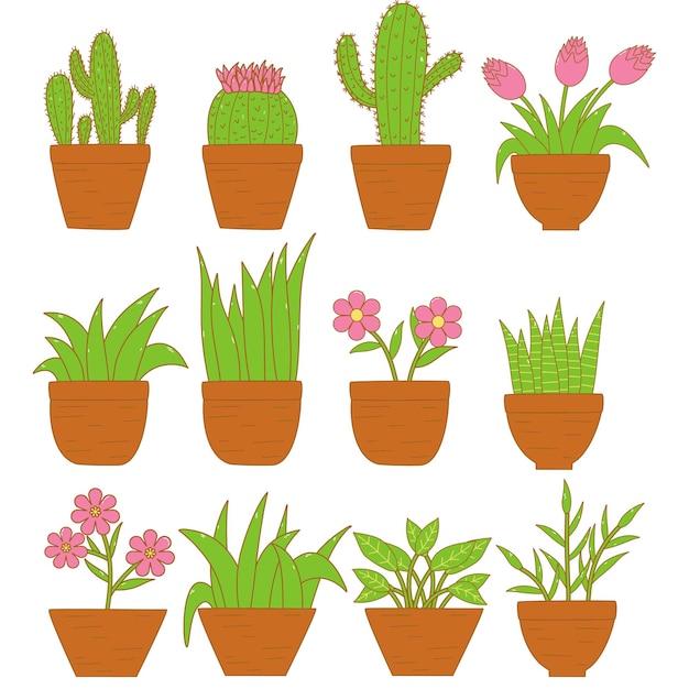 Vector conjunto de lindas plantas de interior al estilo de dibujos animados